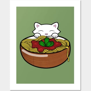 Cat eating pasta from a wooden bowl Posters and Art